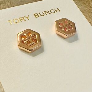 New Tory Burch Hexagon Logo Stud Earrings Rose Gold Plated on TB Jewelry Card